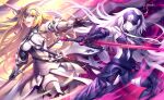  2girls absurdres armor blonde_hair blue_eyes braid detached_sleeves dual_persona fate/apocrypha fate/grand_order fate_(series) faulds flag fur_trim gauntlets headpiece highres jeanne_d&#039;arc_(alter)_(fate) jeanne_d&#039;arc_(fate) jeanne_d&#039;arc_(fate)_(all) kousaki_rui long_hair multiple_girls open_mouth smile sword thigh-highs very_long_hair weapon yellow_eyes 