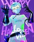  1boy alternate_costume aqua_eyes aqua_hair archer_(pokemon) bangs belt black_gloves buttons coat commentary_request from_below gloves halloween hands_up happy_halloween highres looking_at_viewer male_focus mask momoji_(lobolobo2010) mouth_mask pokemon pokemon_(game) pokemon_hgss purple_background short_hair solo twitter_username white_coat 