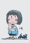  1girl black_hair blush bob_cut ground_vehicle highres honda_super_cub koguma_(super_cub) motor_vehicle parody peanuts sabaoyaji sandals scooter short_hair simple_background solo style_parody super_cub 