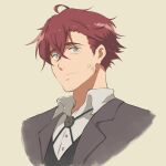 1boy blue_eyes brooch claudia_hodgins dirty dirty_face facial_hair formal hair_between_eyes jewelry male_focus portrait simple_background solo stubble suit taribanseikenhaisshisoden violet_evergarden 