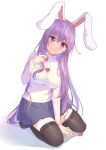  1girl absurdres alternate_costume animal_ears black_legwear blue_skirt blush breasts cherry diving_penguin ears food fruit highres holding holding_food large_breasts light_purple_hair long_hair long_sleeves looking_at_viewer pleated_skirt purple_hair rabbit_ears reisen_udongein_inaba skirt smile solo sweater thigh-highs touhou turtleneck turtleneck_sweater very_long_hair violet_eyes white_sweater zettai_ryouiki 