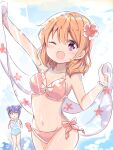  2girls :o ;d bangs bikini blue_hair flower gochuumon_wa_usagi_desu_ka? hair_flower hair_ornament highres hoto_cocoa kafuu_chino kusunoki5050 multiple_girls one-piece_swimsuit one_eye_closed open_mouth orange_hair outdoors pink_bikini ribbon_bra short_hair smile swimsuit tippy_(gochiusa) violet_eyes 