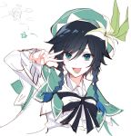  1boy androgynous bangs beret black_hair blue_hair blush boo_1 bow braid cape collared_cape collared_shirt eyebrows_visible_through_hair flower frilled_sleeves frills genshin_impact gradient_hair green_eyes green_headwear halo hat hat_flower highres leaf long_sleeves looking_at_viewer male_focus multicolored_hair nameless_bard_(genshin_impact) open_mouth shirt short_hair_with_long_locks simple_background sketch smile solo solo_focus star_(symbol) twin_braids v_over_eye venti_(genshin_impact) white_background white_flower white_shirt 