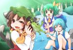  3girls :o absurdres animal_ears ascot bad_hand blue_bow blue_dress blue_eyes blush bow breasts brown_hair cat_ears cat_tail chen cirno closed_eyes d: daiyousei dress fairy_wings fang flying foot_out_of_frame frog gold_trim green_eyes green_hair hair_bow hanabi_(karintou15) hands_up hat highres jewelry laughing mob_cap multiple_girls multiple_tails nekomata no_wings one_side_up open_mouth outdoors pointing red_dress red_eyes single_earring sitting skin_fang small_breasts sunlight tail touhou two_tails water wings yellow_neckwear 