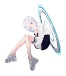  1girl black_shorts closed_mouth from_side full_body grey_hair high-waist_shorts highres long_sleeves looking_at_viewer looking_to_the_side nagishiro_mito original pink_eyes sandals shirt shorts simple_background sitting solo white_background white_shirt 