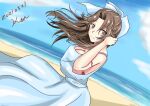  1girl alternate_costume beach blue_sky brown_eyes brown_hair clouds commentary_request cowboy_shot day dress dutch_angle hair_intakes half_updo highres horizon jintsuu_(kancolle) kantai_collection ken_(shutenndouji1) long_hair looking_at_viewer ocean outdoors sky solo sundress translation_request white_dress 