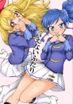  2girls aikatsu! aikatsu!_(series) akitsuki_itsuki blonde_hair blue_eyes blue_hair boots bow bow_hairband covered_mouth crossed_fingers floating_hair hair_bow hair_ornament hair_scrunchie hairband hands_over_mouth high_heel_boots high_heels highres hoshimiya_ichigo jacket kiriya_aoi long_hair long_sleeves looking_at_viewer miniskirt multiple_girls one_side_up pink_background pleated_skirt purple_jacket red_bow red_eyes scrunchie simple_background skirt white_footwear white_skirt 