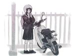  1girl backpack bag commentary english_commentary full_body helmet highres honda_super_cub imocool koguma_(super_cub) limited_palette motorcycle_helmet school_uniform solo super_cub 