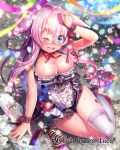  1girl :d bare_shoulders beer_mug black_ribbon blue_eyes breasts churrasco confetti crying cup dress falkyrie_no_monshou festival frilled_dress frills glasses large_breasts long_hair mismatched_legwear muffin_(falkyrie_no_monshou) mug official_art one_eye_closed open_mouth pink_hair pink_ribbon ribbon sitting smile thigh-highs wet 