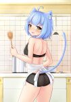  1girl absurdres ahoge animal_ears apron ass atlanta_(warship_girls_r) black_bra black_panties blue_hair bra breasts cat_ears cat_tail chinese_commentary commentary_request highres indoors kitchen panties pot short_hair small_breasts solo standing tail underwear warship_girls_r white_apron william.b yellow_eyes 