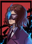  beard black_mask black_neckwear blue_fire brown_hair dress_shirt facial_hair fire formal glowing glowing_hair goatee hasegawa_zenkichi highres ketrindarkdragon male_focus mask necktie open_mouth persona persona_5 persona_5_scramble:_the_phantom_strikers shirt simple_background suit teeth two-tone_background wavy_hair white_shirt 