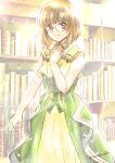  artist_name bookshelf breast_hold breasts brown_eyes brown_hair canvasmaki cardcaptor_sakura cosplay dress erica_brown erica_brown_(cosplay) glasses green_dress highres shirt smile twitter_username violet_evergarden yanagisawa_naoko yellow_shirt 