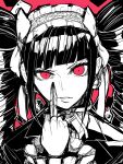  1girl bangs black_nails blunt_bangs bow celestia_ludenberg commentary_request dangan_ronpa:_trigger_happy_havoc dangan_ronpa_(series) drill_hair gothic_lolita highres hitoto lolita_fashion looking_at_viewer middle_finger parted_lips red_eyes shiny shiny_hair simple_background sketch solo teeth twin_drills twintails upper_body white_bow 