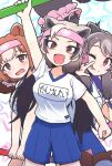  3girls :p animal_ears bear_ears bear_girl bear_paw_hammer bergman&#039;s_bear_(kemono_friends) blue_shorts brown_eyes brown_hair commentary_request eyebrows_visible_through_hair ezo_brown_bear_(kemono_friends) grey_hair gym_outfit headband kemono_friends kemono_friends_3 kitsunetsuki_itsuki kodiak_bear_(kemono_friends) light_brown_hair long_hair matching_outfit multicolored_hair multiple_girls official_alternate_costume one_eye_closed shirt short_hair shorts t-shirt tongue tongue_out translation_request twintails weapon white_shirt 