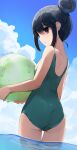  1girl ass ball black_hair blue_sky clouds day green_swimsuit hair_bun highres hiroki_(yyqw7151) holding holding_ball looking_at_viewer one-piece_swimsuit partially_submerged shima_rin short_hair sky solo swimsuit violet_eyes water yurucamp 