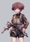  1girl 9s0ykoyama117 absurdres alisa_(girls_und_panzer) bangs black_shorts body_armor brown_eyes brown_hair brown_jacket carrying closed_mouth commentary_request cowboy_shot explosive eyebrows_visible_through_hair freckles frown girls_und_panzer grenade gun hair_ornament highres holding holding_gun holding_weapon holster jacket long_sleeves looking_at_viewer military military_uniform partial_commentary saunders_military_uniform short_hair short_twintails shorts simple_background solo standing star_(symbol) star_hair_ornament twintails uniform weapon weapon_request 