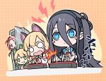  4girls arisu_(blue_archive) blue_archive blue_eyes blush_stickers cat_ear_headphones commentary_request eating hair_between_eyes hairband headphones long_hair midori_(blue_archive) momoi_(blue_archive) multiple_girls o_o peeking_out playing_games shishikai short_hair siblings sidelocks simple_background twins twintails yuzu_(blue_archive) 