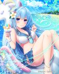  1girl beach blue_hair blue_sky breasts clouds falkyrie_no_monshou flower food hair_flower hair_ornament hairband ice_cream innertube long_hair looking_at_viewer medium_breasts ocean official_art parfait_(falkyrie_no_monshou) sailor_bikini sailor_collar sitting sky smile spoon stardrop violet_eyes 