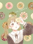  1girl arm_up bangs blush brown_eyes brown_hair doughnut english_text food green_background heart long_hair long_sleeves open_mouth original shiromo_mo_11 solo twintails upper_body 