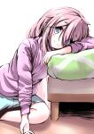  1girl arm_pillow bangs bed blue_eyes blue_shorts closed_mouth commentary_request eyebrows_visible_through_hair eyes_visible_through_hair hair_between_eyes hair_down hand_on_ground highres indoors kagamihara_nadeshiko light light_blush long_hair long_sleeves looking_at_viewer lying mattress n2midori pink_hair pink_sweater shorts sitting_on_floor smile solo sweater white_background yurucamp 