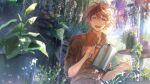  1boy :d blush brown_eyes brown_hair brown_shirt dew_drop flower hair_between_eyes helios_rising_heroes highres indoors looking_at_viewer male_focus mumei_ponchi open_mouth plant potted_plant shadow shirt signature smile solo twitter_username upper_body water_drop watering_can wisteria 