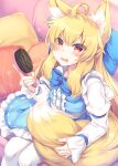  ahoge animal_ear_fluff animal_ears bangs blonde_hair blue_bow blush bow brush cushion dress eyebrows_visible_through_hair fox_ears fox_tail frilled_dress frills long_hair looking_at_viewer open_mouth original pantyhose red_eyes roshin sitting tail tail_brushing white_legwear 