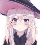  1girl bespectacled black_headwear black_shirt blue_eyes closed_mouth collared_shirt elaina_(majo_no_tabitabi) expressionless eyebrows_visible_through_hair glasses hair_between_eyes hair_over_shoulder hat highres long_hair long_sleeves looking_at_viewer lshiki majo_no_tabitabi portrait red-framed_eyewear semi-rimless_eyewear shiny shiny_hair shirt silver_hair sketch solo two-tone_headwear under-rim_eyewear witch witch_hat 