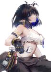  a598400379 absurdres ahoge arknights arm_strap bangs bare_arms bare_shoulders black_gloves black_hair black_pants blue_eyes blue_hair camisole crop_top eunectes_(arknights) eunectes_(forgemaster)_(arknights) gloves highres holding holding_wrench looking_at_viewer midriff multicolored_hair pants parted_lips pointy_ears short_hair stomach wrench 