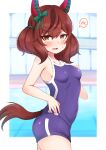  0208ramune 1girl animal_ears bangs bare_arms bare_shoulders blue_swimsuit blurry blurry_background blush bow breasts brown_eyes brown_hair commentary_request covered_navel depth_of_field ear_bow eyebrows_visible_through_hair green_bow hair_between_eyes horse_ears horse_girl horse_tail looking_at_viewer looking_to_the_side multicolored_hair nice_nature_(umamusume) one-piece_swimsuit open_mouth pool school_swimsuit small_breasts solo spoken_blush streaked_hair sweat swimsuit tail twintails umamusume water window 