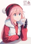  1girl absurdres arm_support bangs blue_eyes bowl closed_mouth collared_shirt cup drink fingerless_gloves gloves hair_between_eyes hair_tie highres holding holding_cup jacket kagamihara_nadeshiko leaning_on_table light_blush logo long_hair long_sleeves pink_hair pom_pom_(clothes) puffy_long_sleeves puffy_sleeves pullover red_headwear red_shirt shirt simple_background sitting smile solo sparkling_eyes table tent translation_request upper_body white_background white_jacket woollen_cap yurucamp ziranyuan 