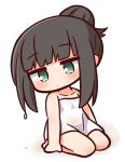  1girl bangs bare_arms bare_shoulders barefoot black_hair blush chibi closed_mouth collarbone commentary_request eyebrows_visible_through_hair full_body green_eyes hair_bun hana_kazari highres long_hair looking_at_viewer naked_towel original seiza sidelocks sitting solo towel wet wet_hair white_background 