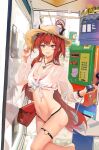  absurdres arknights auguste bag bracelet cross handbag hat highres horns jewelry long_hair phone redhead sign smile straw_hat surtr_(arknights) swimsuit violet_eyes 