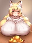  1girl animal_ear_fluff animal_ears blonde_hair blush breast_rest breasts food fox_ears fox_tail fruit grey_background huge_breasts looking_at_viewer mandarin_orange multiple_tails no_hat no_headwear parted_lips ribbed_sweater short_hair simple_background smile solo sweater tail touhou turtleneck turtleneck_sweater white_sweater wildcat_(kusonemi) yakumo_ran yellow_eyes 