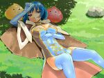  1girl :3 alternate_color bangs blue_dress blue_eyes blue_gloves blue_hair blue_legwear breasts brown_cape brown_dress cape closed_mouth commentary_request day dress drops_(ragnarok_online) elbow_gloves feet_out_of_frame fur-trimmed_cape fur_trim gloves grass high_wizard_(ragnarok_online) large_breasts outdoors poring ragnarok_online rock shade short_dress short_hair slime_(creature) strapless strapless_dress thigh-highs two-tone_dress yaten 