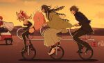  1girl 3boys angry animal_ears ashiya_douman_(fate) bandages bell bicycle black_hair brown_hair dirty dirty_clothes emiya_shirou fate/grand_order fate_(series) fox_ears ground_vehicle hair_bell hair_ornament hair_ribbon highres japanese_clothes kotomine_kirei limited/zero_over long_hair motor_vehicle moyashi_(momoyashi_321) multicolored_hair multiple_boys parody pink_hair rasputin_(fate) rectangular_mouth redhead ribbon scooter sengo_muramasa_(fate) side_ponytail tail tamamo_(assassin)_(fate) tamamo_(fate)_(all) tandem_bicycle torn_clothes two-tone_hair white_hair wide_sleeves yatterman 