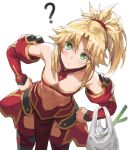  1girl ? bag bandeau bangs bare_shoulders black_legwear blonde_hair blush braid breasts collarbone detached_collar detached_sleeves egg_carton fate/apocrypha fate_(series) faulds french_braid green_eyes grocery_bag hair_ornament hair_scrunchie highres leaning_forward leaning_to_the_side long_hair looking_at_viewer mordred_(fate) mordred_(fate)_(all) navel parted_bangs pelvic_curtain ponytail scrunchie shopping_bag sidelocks simple_background small_breasts spring_onion thigh-highs thighs tonee 