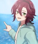  1boy day drawstring genshin_impact green_eyes hair_between_eyes highres hood hoodie long_sleeves looking_at_viewer mahou7 male_focus medium_hair mole mole_under_eye multicolored_hair ocean open_clothes open_mouth pointing redhead shikanoin_heizou sky solo streaked_hair 