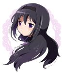  1girl akemi_homura bangs black_hair capelet closed_mouth commentary_request from_side hairband long_hair looking_to_the_side magical_girl mahou_shoujo_madoka_magica profile short_twintails signature solo twintails utsuro_atomo violet_eyes 