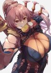  1girl agu_(agrias777) armor breasts brown_hair center_opening dango eating food food_on_face furen_e_lustario hair_between_eyes highres large_breasts long_hair looking_at_viewer monster_hunter_(series) monster_hunter_rise nijisanji outstretched_arm red_eyes see-through shoulder_armor smile solo sword very_long_hair virtual_youtuber wagashi weapon 