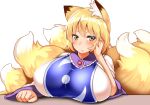  1girl :o animal_ears blonde_hair blush breast_rest breasts dress fox_ears fox_tail hand_on_own_cheek hand_on_own_face hand_up huge_breasts looking_at_viewer multiple_tails no_hat no_headwear open_mouth short_hair simple_background solo tabard tail touhou upper_body white_background white_dress wildcat_(kusonemi) yakumo_ran yellow_eyes 
