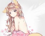  1girl animal_ears annytf anyuu bare_back brown_eyes brown_hair commentary extra_ears fox_ears fox_tail hair_ornament highres indie_virtual_youtuber long_hair looking_at_viewer pink_shirt shirt smile solo star_(symbol) star_hair_ornament symbol_commentary tail upper_body 