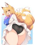  1girl :o animal_ear_fluff animal_ears ass bad_anatomy blonde_hair blue_background blush box breasts commentary_request cowboy_shot dress fox_ears from_behind gift heart heart-shaped_box holding holding_gift large_breasts looking_at_viewer looking_back multiple_tails no_hat no_headwear open_mouth panties short_hair simple_background solo tabard tail thick_thighs thighs touhou underwear upskirt white_dress wildcat_(kusonemi) yakumo_ran yellow_eyes 