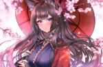 1girl amagi_(azur_lane) animal_ear_fluff animal_ears azur_lane bangs blunt_bangs blurry blurry_foreground blush breasts bridal_gauntlets brown_hair cherry_blossoms coat collar commentary_request eyebrows_visible_through_hair eyeshadow floating_hair fox_ears fox_girl hair_ornament highres holding holding_umbrella japanese_clothes kimono large_breasts long_hair looking_at_viewer makeup oil-paper_umbrella partial_commentary purple_kimono red_coat red_eyeshadow sakuramon sidelocks smile solo standing thick_eyebrows umbrella upper_body violet_eyes white_background wide_sleeves yukini_(yuki2maru) 