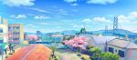  absurdres artist_logo blue_sky bridge building chain-link_fence cherry_blossoms clouds commentary_request dated day dumpster fence highres hill house no_humans original outdoors pool scenery sky spring_(season) toufu_(inu_no_mayuge) town tree 