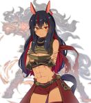  1girl abs animal_ears arm_guards armor artist_request bangs barding black_hair breastplate breasts colored_inner_hair colored_skin commentary_request crossed_arms dark_skin earrings eyebrows_visible_through_hair granblue_fantasy hair_between_eyes highres horse horse_ears horse_girl horse_tail jewelry long_hair looking_at_viewer medium_breasts multicolored_hair personification red_hare_(granblue_fantasy) red_shorts red_skin redhead short_shorts shorts sidelocks solo streaked_hair tagme tail umamusume white_background 