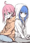  2girls absurdres ahoge asymmetrical_hair back-to-back bangs blue_eyes blue_hair blue_pants closed_mouth commentary_request crossed_legs drawstring eyebrows_visible_through_hair grey_pants hair_between_eyes hands_on_own_legs highres hood hood_up hoodie kagamihara_nadeshiko light_blush long_sleeves looking_at_another looking_to_the_side multiple_girls n2midori open_mouth orange_hoodie pants partially_colored pink_hair shima_rin simple_background sitting_on_floor smile violet_eyes white_background white_hoodie yuri yurucamp 