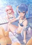  2girls :o anemachi arm_support bangs bikini blue_bikini blue_hair blue_nails breast_press breasts choker crossed_bangs detached_sleeves hair_between_eyes hair_ornament hololive hoshimachi_suisei in_water long_hair looking_at_viewer looking_back medium_breasts mujinbi multiple_girls nail_polish on_chair orange_scrunchie patreon_username pink_hair pool scrunchie short_sleeves siblings side_bun sisters sitting small_breasts smile star_(symbol) star_hair_ornament stomach swimsuit thighs virtual_youtuber white_bikini wrist_scrunchie 