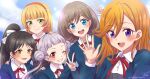  5girls arashi_chisato black_hair blonde_hair blue_eyes blue_jacket blush brown_eyes closed_mouth commentary_request green_eyes grin hair_ribbon hand_up hazuki_ren heanna_sumire jacket light_brown_hair long_hair long_sleeves love_live! love_live!_superstar!! multiple_girls neck_ribbon one_eye_closed open_clothes open_jacket open_mouth orange_hair orange_headband ponytail red_eyes red_neckwear ribbon ric_(fwpbox) school_uniform shibuya_kanon short_hair silver_hair smile tang_keke upper_teeth v violet_eyes white_ribbon yuigaoka_school_uniform 