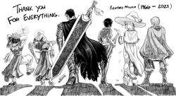  absurdres armor berserk boots cape casca_(berserk) character_request english_commentary from_behind full_body gloves greyscale guts_(berserk) hat highres huge_weapon joe_shimamura monochrome schierke_(berserk) short_hair simple_background staff sword traditional_media walking weapon white_background witch_hat 