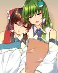  2girls absurdres bare_shoulders blue_neckwear bow brown_hair closed_eyes collared_shirt commentary_request detached_sleeves eyebrows_visible_through_hair frilled_bow frills frog_hair_ornament green_hair hair_between_eyes hair_bow hair_ornament hair_tubes hakurei_reimu head_on_another&#039;s_shoulder highres kochiya_sanae light_blush long_hair mokutan_(link_machine) multiple_girls necktie open_mouth pillow pillow_hug red_bow red_shirt shiny shiny_hair shirt simple_background sitting sleepy sleeveless sleeveless_shirt snake_hair_ornament touhou two-tone_shirt upper_body white_shirt 